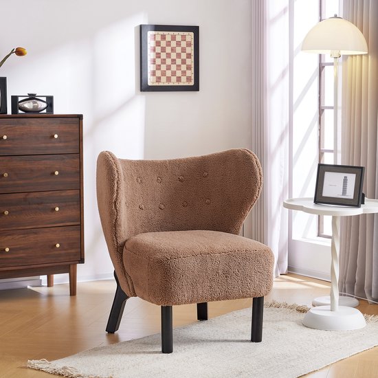 Sweiko Moderne vrije tijd fauteuil met hoge rugleuning en houten poten, vrije tijd stoel, imitatie lam pluche stoel, teddy pluche stoel, single person sofa stoel, gewatteerde fauteuil, geschikt voor woonkamer en slaapkamer