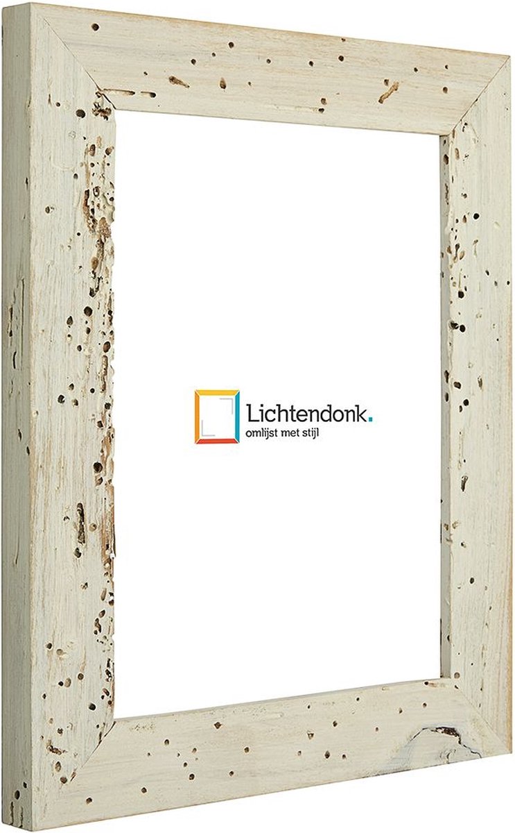 Lichtendonk Fotolijst - Fotokader Wit Verouderd Hout - met echte houtworm gaatjes - Fotomaat 20x60 - Ontspiegeld ACRYLITE - Art.nr. 1009971320603