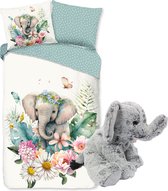 Housse de couette Elephant Eli - 1 personne - 100% coton - taille 140x200/220cm - avec peluche