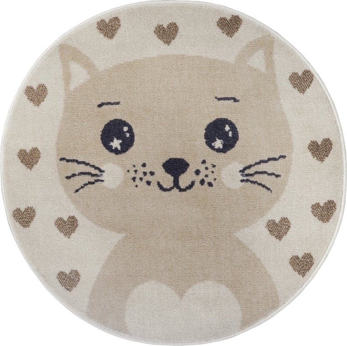 Flycarpets Adventures Kinderkleed Rond vloerkleed -Kat - Crème / Beige - 100x100 cm