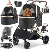 dierenbuggy - zwart/champagne - hondenwagen 3in1 - hondenbuggy - hondenbox transporttas -360 graden grote wielen- - vouwbaar - huisdieren - buggy met netvensters en regenbescherming - jogger - kattenbuggy - voor kleine honden katten