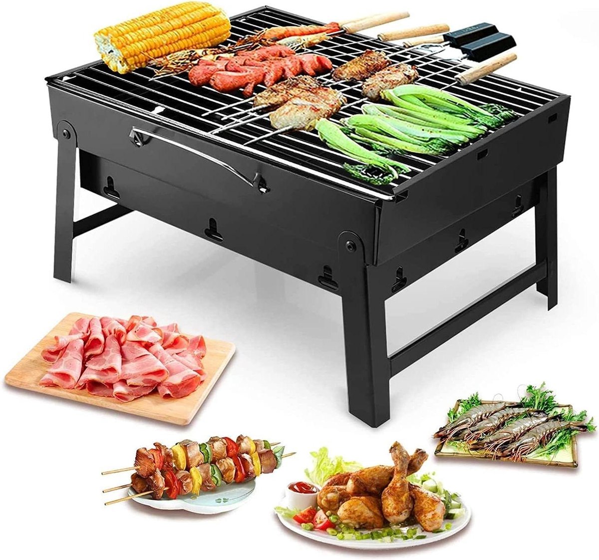Draagbare grill roestvrij staal houtskool rookoven BBQ Pit Grill voor outdoor camping (middel) zwart Barbecue