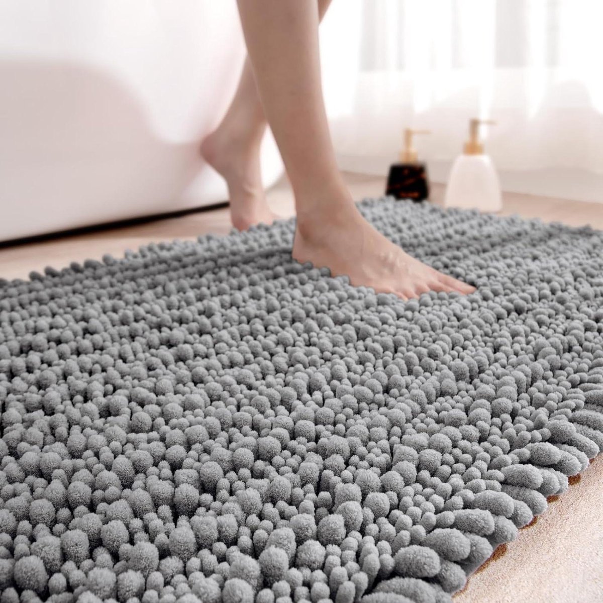 Badmat 40 x 60 cm antislip badkamermat absorberend en zacht chenille badkamertapijt machinewasbaar comfortabele vloermat voor badkuip toilet doucheruimte grijs met **extra** antislip **bescherming** Badmat