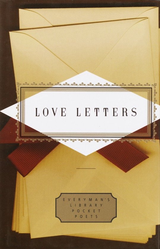 Boek 'Love Letters' met een witte ruit en sierrand, met daaronder gele enveloppen en rode strikken.