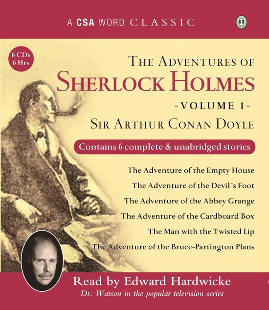 Boekcover: "The Adventures of Sherlock Holmes - Volume 1" door Sir Arthur Conan Doyle. Bevat 6 verhalen, gelezen door Edward Hardwicke.