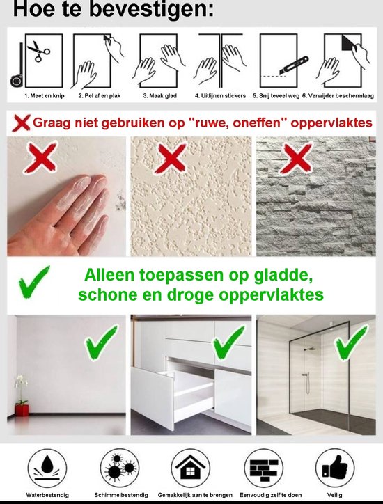 Instructions d'application de carreaux, illustrant les surfaces appropriées et inappropriées, avec des icônes pour l'étanchéité et la facilité d'installation.