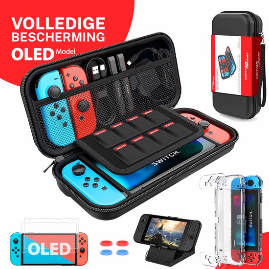 OneGamer® Geschikt voor Nintendo Switch Case - OLED model - Accessoires 13 in 1 - Beschermhoes – Opbergtas - Screenprotector – Zwart