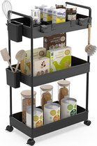 Bol.com 3-laags Rollende Opbergkar met Hangende Bekers en Ruimteverdelers - Zwart voor Kantoor Badkamer Keuken - Ruimtebesparend... aanbieding