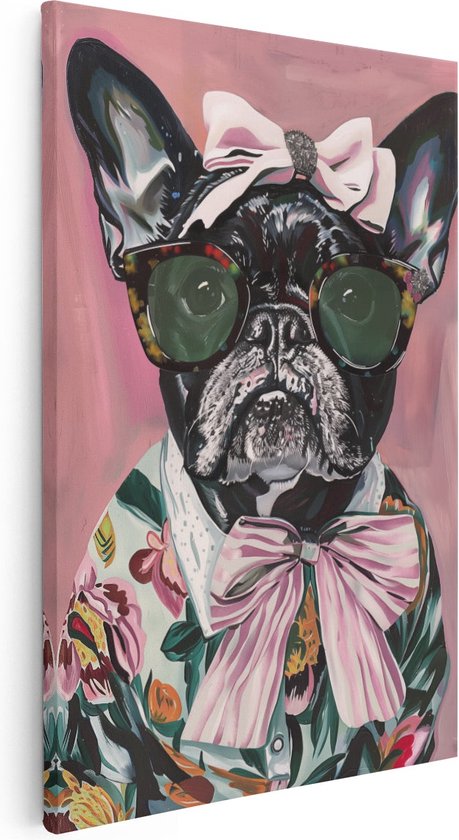 Artaza Canvas Schilderij Franse Bulldog met Zonnebril en Vlinderdas - 40x60 - Wanddecoratie - Foto Op Canvas - Canvas Print