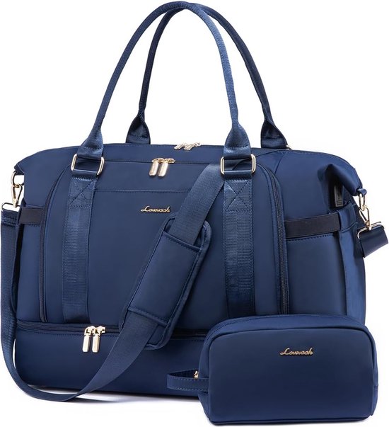 Foto: Reistas voor dames blauw donkerblauw 2 delig met toilettas usb oplaadpoort 47 x 22 x 36 cm schoenenvak en natvak 12 vakken grote capaciteit schoudertas sporttas weekendtas handbagage tas 37l