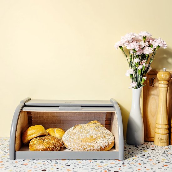 Creative Home Boîte à Pain en Bois Grijs | 38 x 28,5 x 17,5 cm (+/- 1 cm) | Bois de hêtre naturel | Conteneur avec Rolltop | Boîte à pain pour chaque Cuisine | Perfect pour les aliments secs