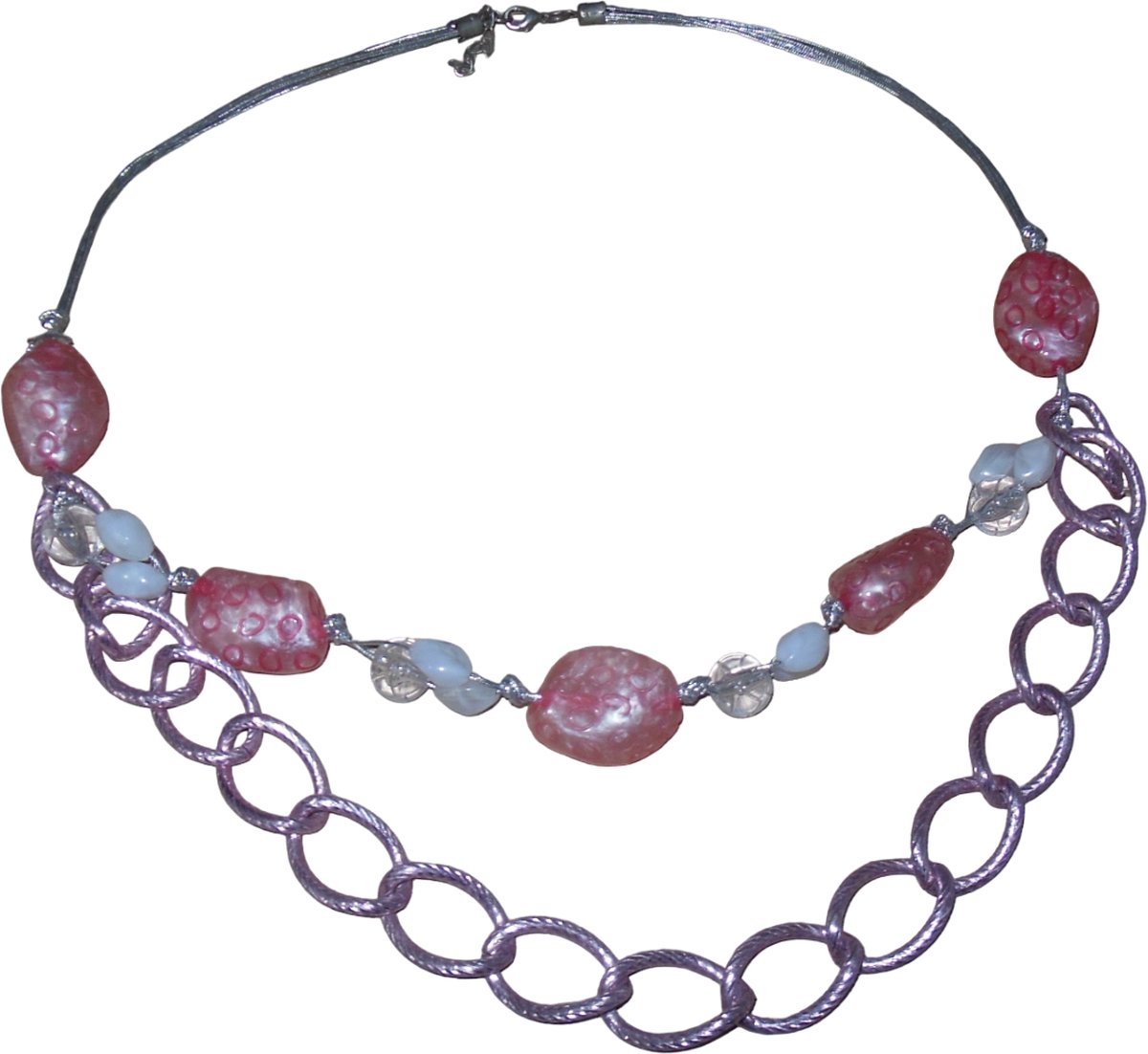 Ketting zilver met roze schakels en diverse kleuren steentjes