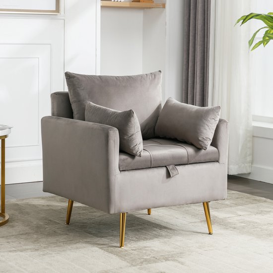 Sweiko Moderne minimalistische fluwelen stoelen, fauteuils, enkele sofastoelen met opbergruimte, comfortabele kussens en gouden metalen poten