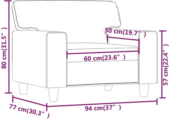 Schematische tekening van een beige fauteuil met afmetingen: hoogte 80 cm, breedte 94 cm, diepte 77 cm.