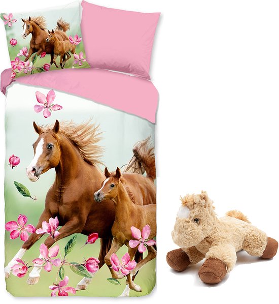 Dekbedovertrek Paard Melice - 1 persoons - 100% polyester - 140x200/220 cm - inclusief knuffel