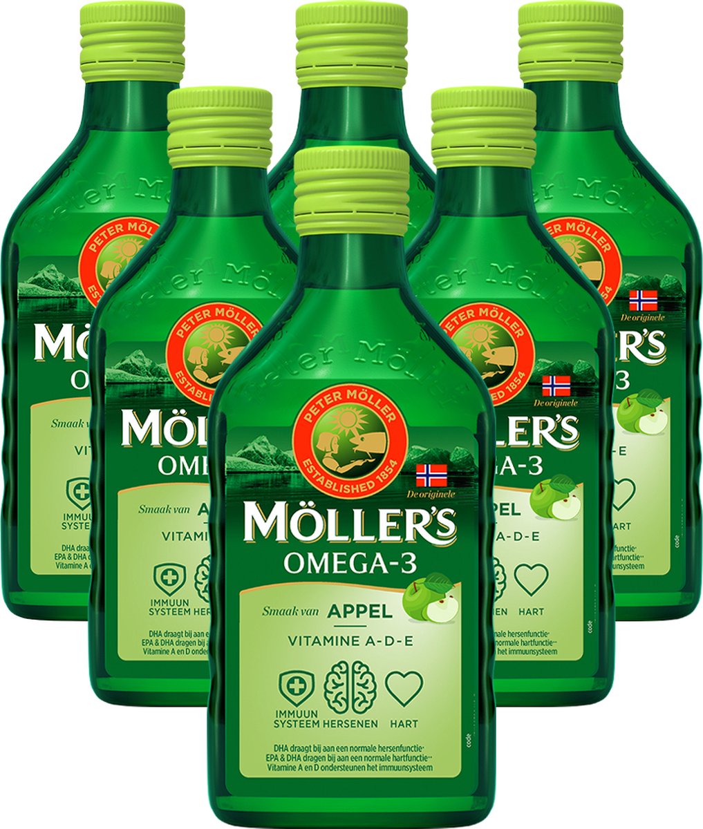Goedkoopste Möller’s Omega-3 Levertraan Appel - 6 x 250ml - Omega-3 visolie – Levertraan vloeibaar – Levertraan met smaak van appel