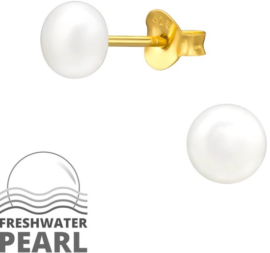 Joy|S - Zilveren parel oorbellen - 5 mm - fresh water pearl - 14k goudplating