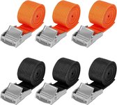 Spanbanden, set van 6 klauwbanden met gesp, 1 m, 2,5 m, 4 m, maximale belasting 250 kg, zwart-oranje, bevestigingsriemen voor motorfiets, fietsen, auto's, pakket (6 stuks 2,5 cm x 1 m)