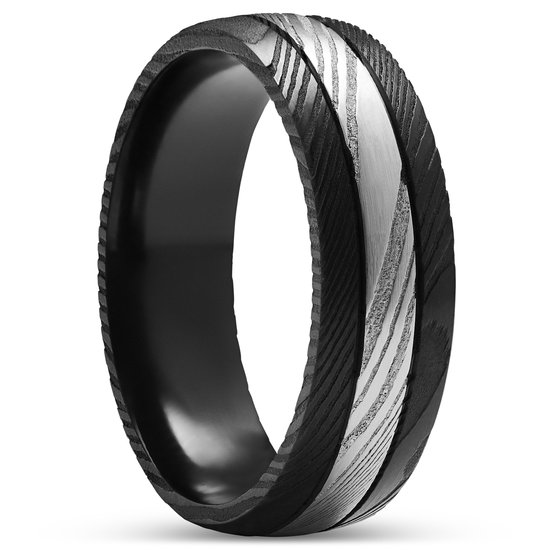 Fortis | 7 Dubbelgegroefde Zilverkleurige en Zwarte Ring van Damascusstaal en Titanium