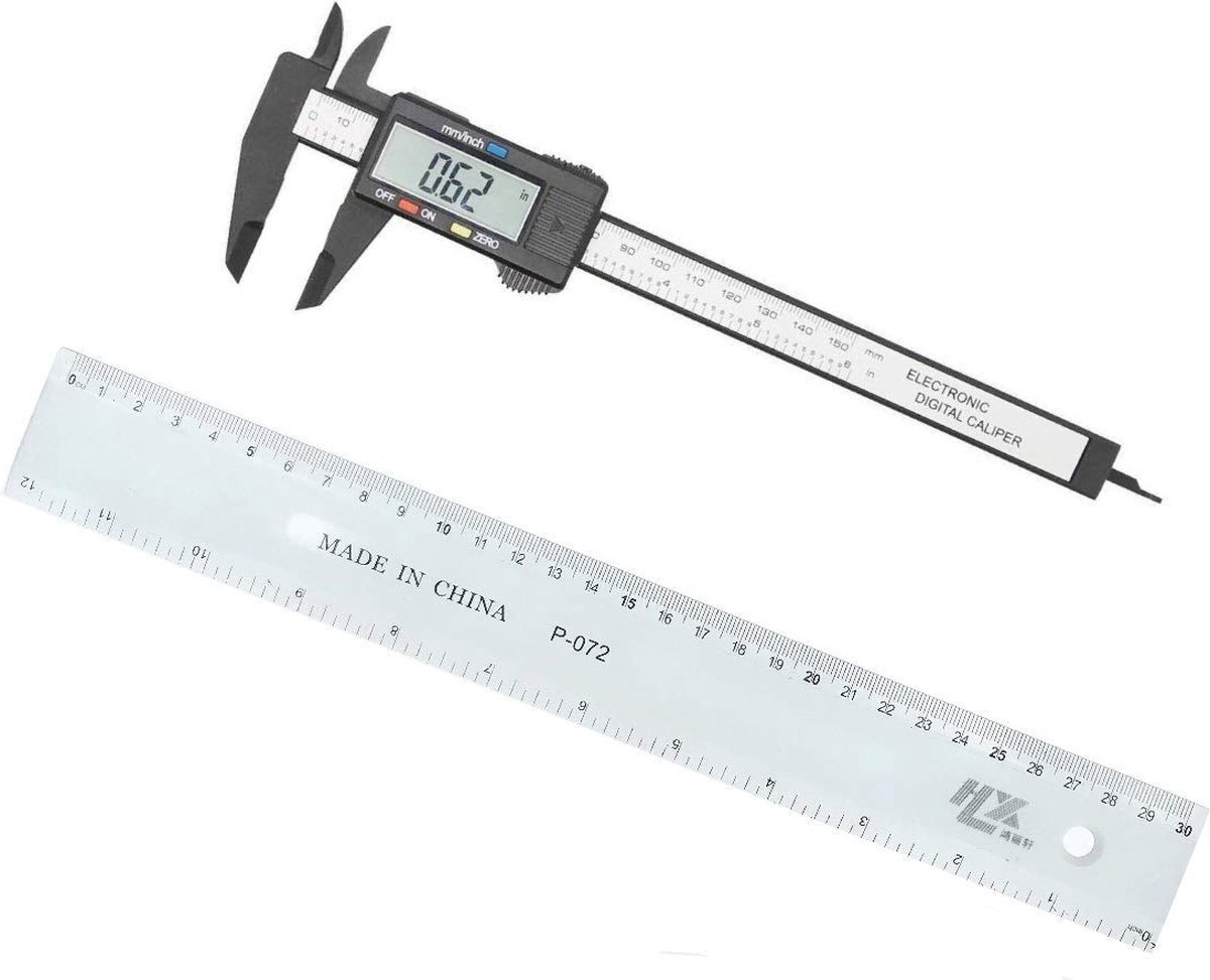 JZK 150 mm 15 cm 6 inch Schuifmaat + 30 cm 12 inch Liniaal, Metrische inch Conversie Plastic Digitale Schuifmaat met lcd-scherm Dieptemeter Merk: JZK