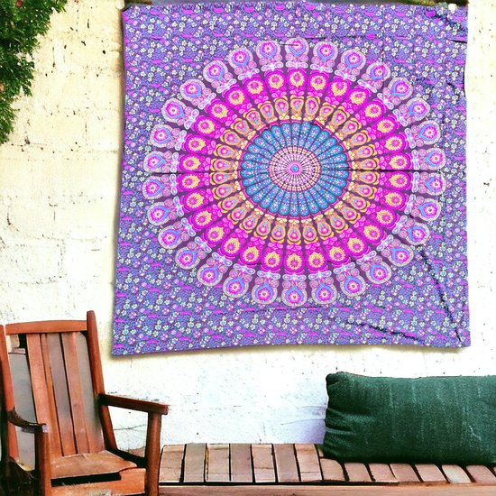 Wandkleed - paars/roze/geel - Mandala muurkleed - 210x230 - wand decoratie - duurzaam katoen