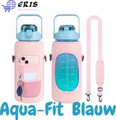 Aqua-Fit Blauw 2L - Waterfles - Drinkfles - Roze Draagtas met mobiele telefoon en sleutelhouder - Waterfles/Drinkfles met rietje - Grote waterfles - Gallon - Sportbidon - fitnessfles