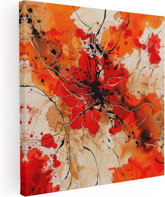 Artaza Canvas Schilderij Abstract Kunstwerk met Rode en Zwarte Verfspatten - 90x90 - Groot - Foto Op Canvas - Canvas Print