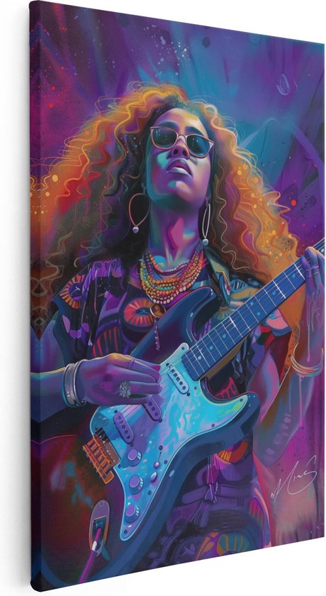 Artaza Canvas Schilderij Vrouw met Krullend haar die Gitaar Speelt - 20x30 - Klein - Foto Op Canvas - Canvas Print