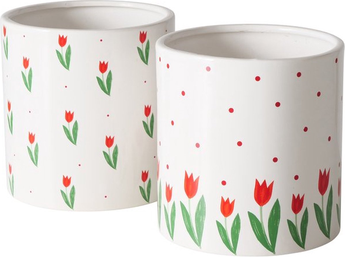 Vrolijke set bloempotjes van keramiek rode tulpjes