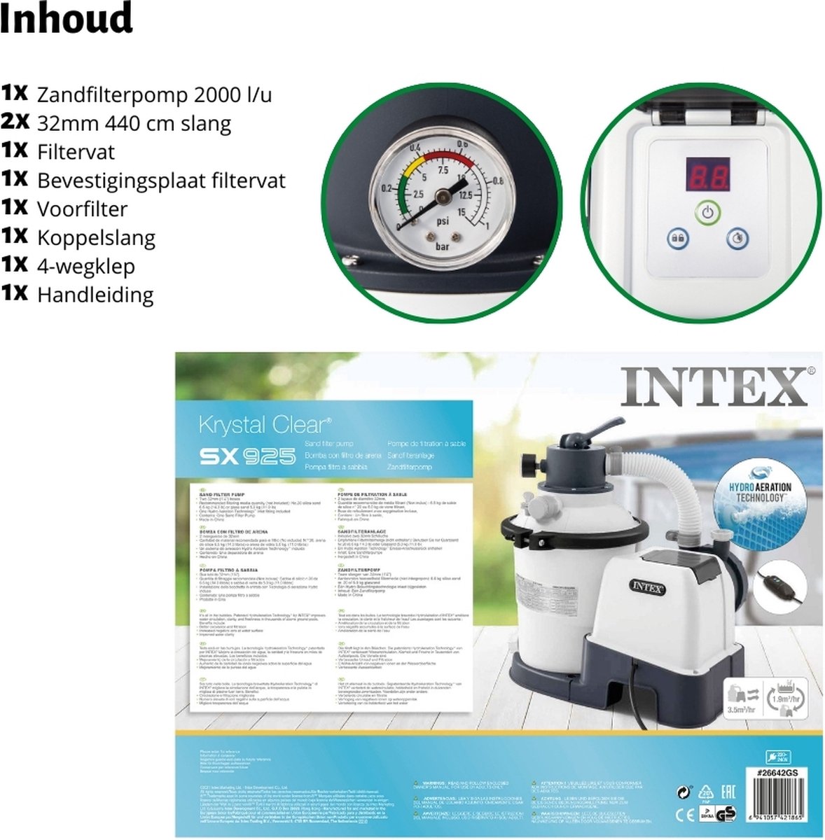 Intex 26642GS Zandfilterpomp - SX925 - 2000 liter per uur inclusief Interline Vulling Zandfilter 0.4/0.8mm - Zwembad-Toebehoren - 25 kg (1 stuks) & WAYS Testrips (1 stuks) – foto 3