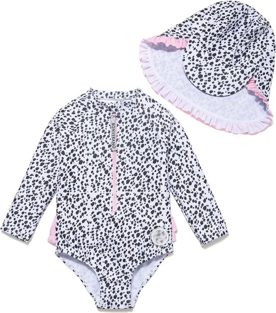 Badpak voor Baby Meisje Eén Stuk UPF 50+ UV Rashguard met Rits patroon in zwart-witte stippen Maat 80 - 86 cm
