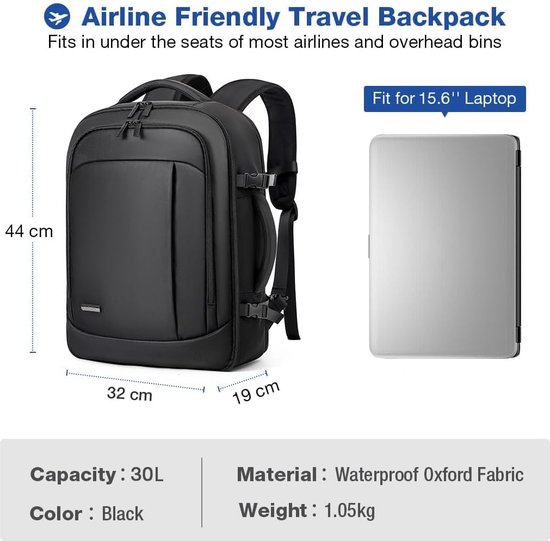 Grote rugzak, handbagage voor heren en dames, 17 inch laptoprugzak, reisrugzak met 6-delige kledingzakken, verpakking kubussen voor vakantie, zakelijk, werk, reizen