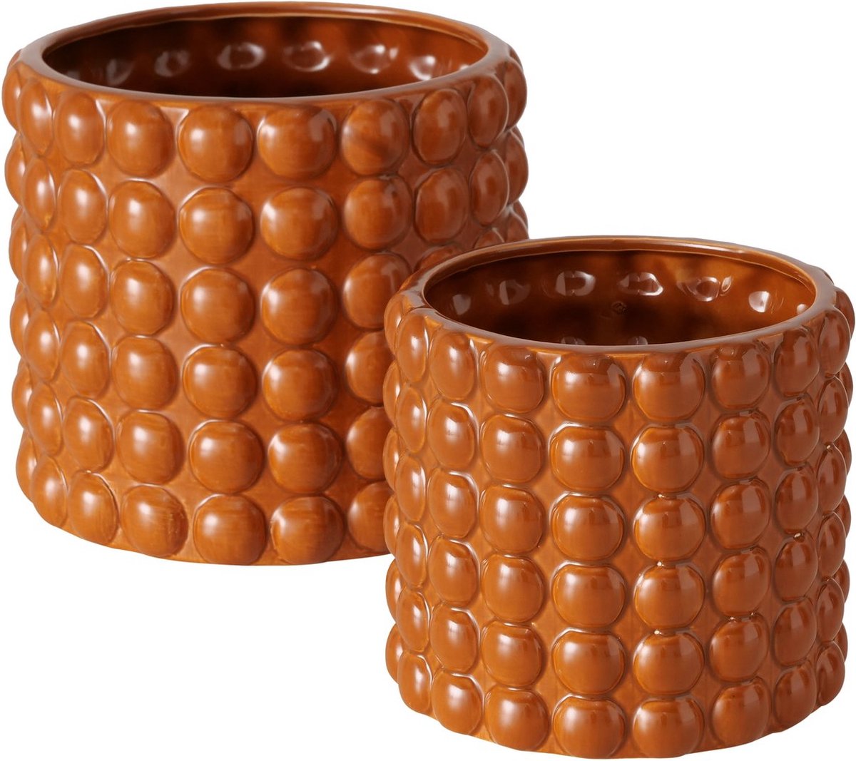 Mooie set bloempotje van bruin keramiek met bollen