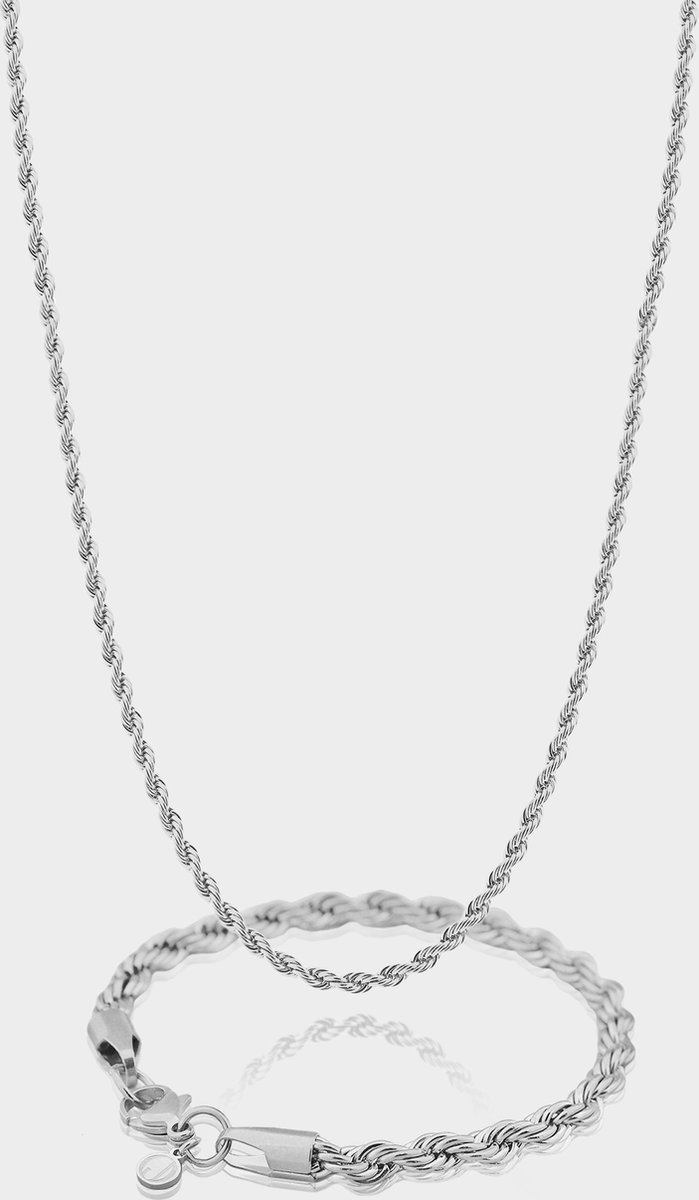 Rope Ketting 3 mm x Rope Armband 5 mm - Zilveren Schakelketting en Schakelarmband Heren - 50/21 cm lang - Olympus Jewelry
