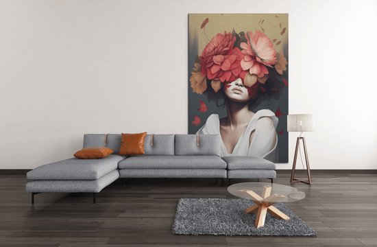 Canvas Schilderij - Vrouw met Bloemen - Wanddecoratie - 120x80 cm