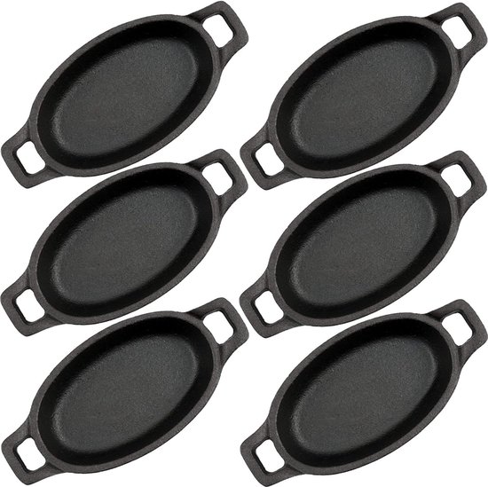 BBQ-Toro Gietijzeren serveerpannetjes, 6 stuks, diameter 16 cm, rond, grillpannetjes, gietijzeren pan, braadpan, vuurpan, grillpannen, gietijzeren pannen, serveerpan, tafelpan