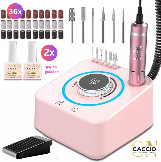 Foto: Caccio roze electrische nagelfrees 40 000rpm electrische nagelvijl set nagelvijl electrisch licht gewicht techno incl 6nagelbitjes 2x 15ml gellaken 36 schuurrolletjes manicure pedicure voeten handen vijl acrylnagels gelnagels manicure pedicure set