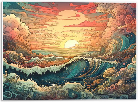 PVC Schuimplaat- Schilderij - Oceaan - Zee - Golven - Zonsondergang - Wolken - Kleuren - 40x30 cm Foto op PVC Schuimplaat