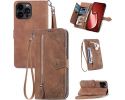 Hoesje geschikt voor Samsung Galaxy S22 Ultra - Bookcase - Koord - Pasjeshouder - Portemonnee - Bloemenpatroon - Kunstleer - Bruin