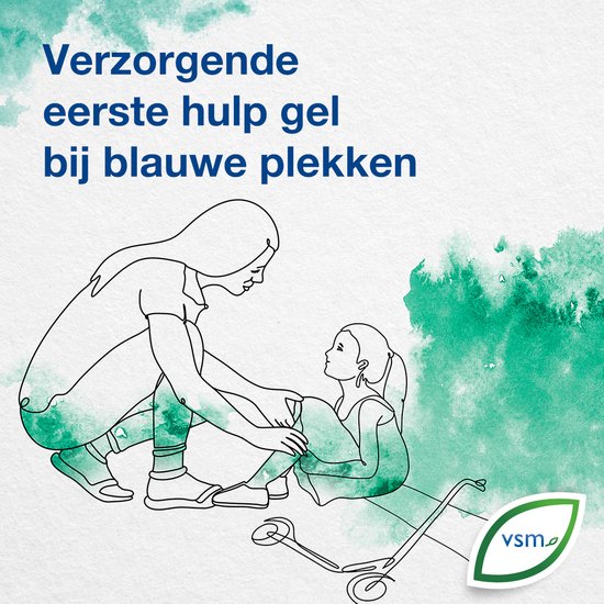 Illustratie van verzorgende eerste hulp gel bij blauwe plekken, met een moeder die haar kind helpt, in aquarel.