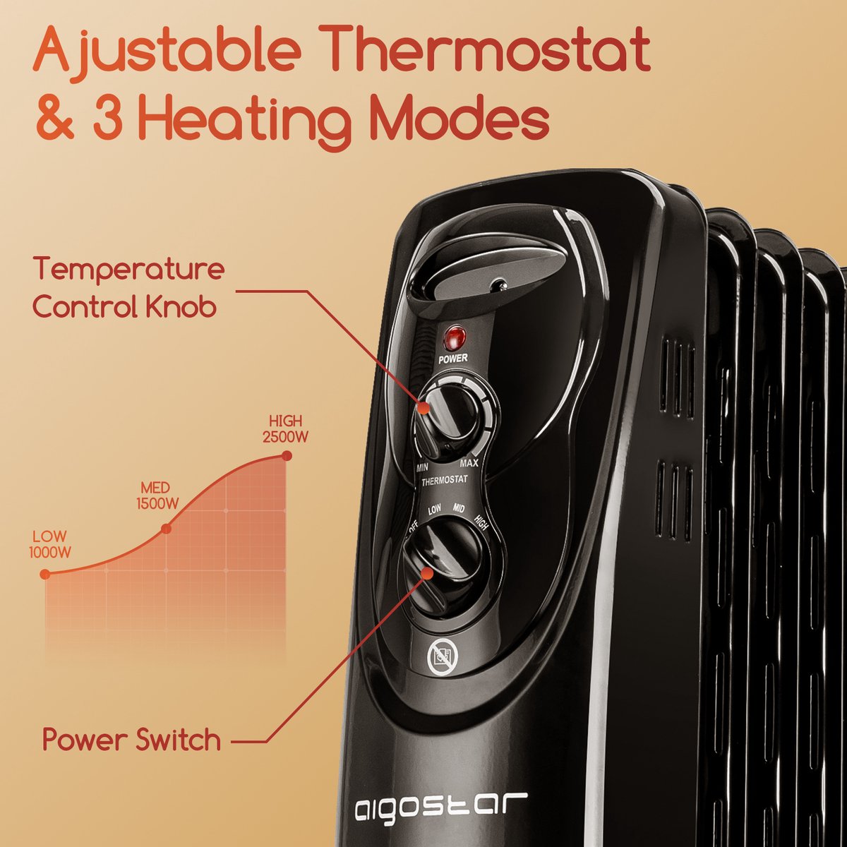 Aigostar Black Forest 33JIF – Oliegevulde radiator - Olieradiator - 3 Standen - 2500 Watt - Elektrische kachel - Zwart – foto 2