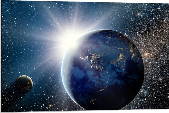 Dibond - Zon - Planeten - Aarde - Sterren - Heelal - 90x60 cm Foto op Aluminium (Wanddecoratie van metaal)