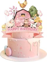 Jacey's TREASURES Roze Boerderij Taart Topper - Happy Birthday - Dieren - Varken - Koe - Kip - Taart Versiering - Verjaardag Versiering - Taart Decoratie - Kinderfeestje - Toppers - Taarttopper - Cake Topper - Voor Jongens en Meisjes