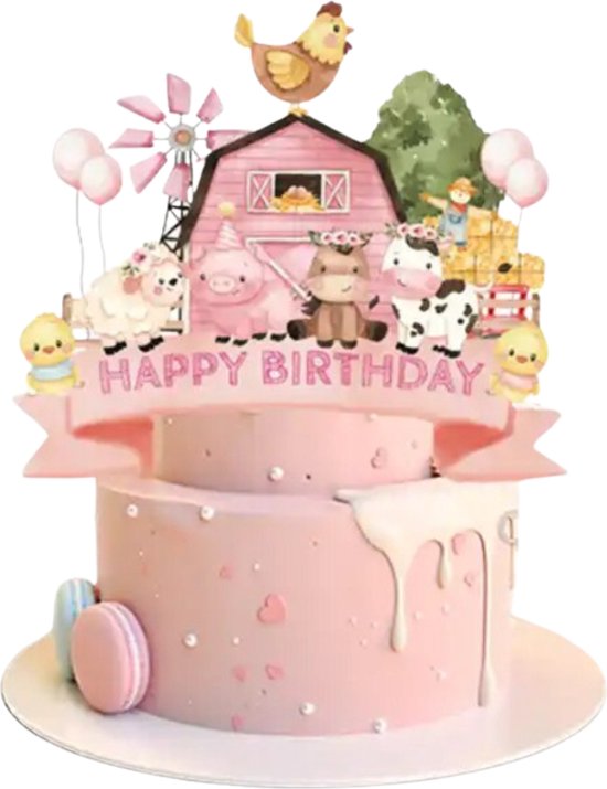 Jacey's TREASURES Roze Boerderij Taart Topper - Happy Birthday - Dieren - Varken - Koe - Kip - Taart Versiering - Verjaardag Versiering - Taart Decoratie - Kinderfeestje - Toppers - Taarttopper - Cake Topper - Voor Jongens en Meisjes