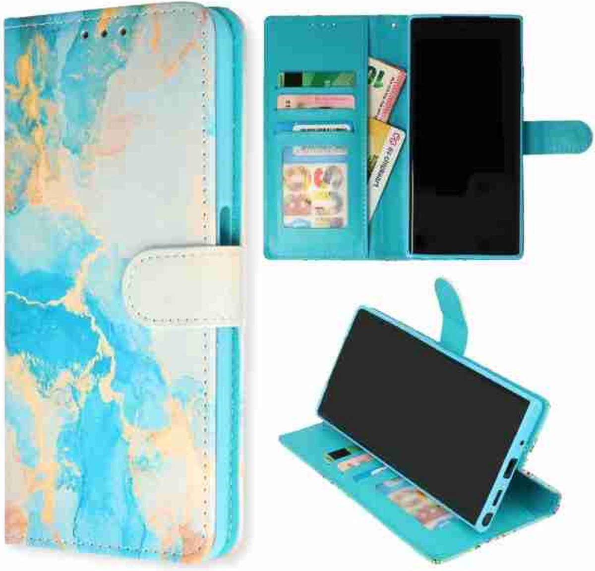 Cityhoesje-iPhone 15 Plus – Bookcase Print – Marmer Blauw-Goud
