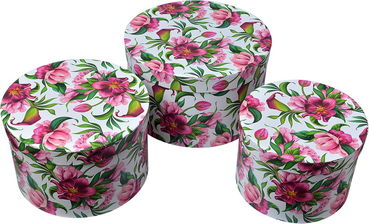 Clayre & Eef Opbergdoos Set van 3 Ø 26x15 / Ø 22x15 / Ø 19x14 cm Roze Karton Bloemen
