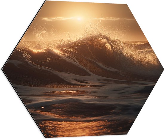 Dibond Hexagon - Zon - Zonsondergang - Zee - Golven - 60x52.2 cm Foto op Hexagon (Met Ophangsysteem)