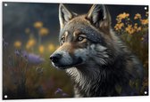 Tuinposter – Wolf - Dier - Bloemen - Kleuren - 120x80 cm Foto op Tuinposter (wanddecoratie voor buiten en binnen)