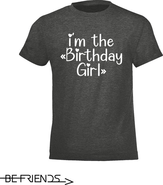 Be Friends T-Shirt - Birthday girl - Kinderen - Grijs - Maat 6 jaar