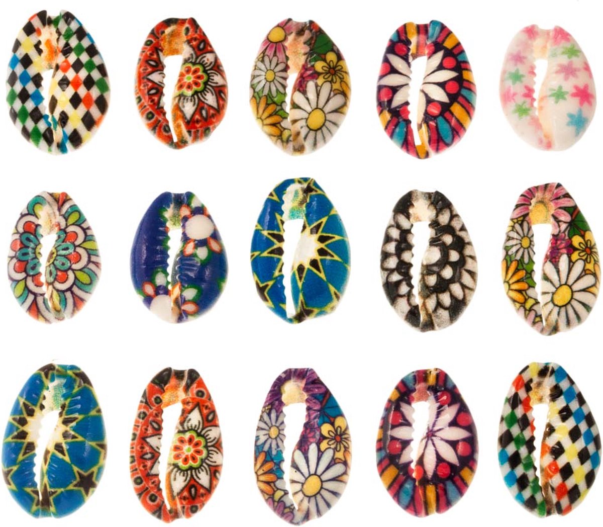 Kauri Schelpjes Bloemenprint (18 - 23 x 13 - 14 x 6 - 8 mm) Mix Color (15 stuks)